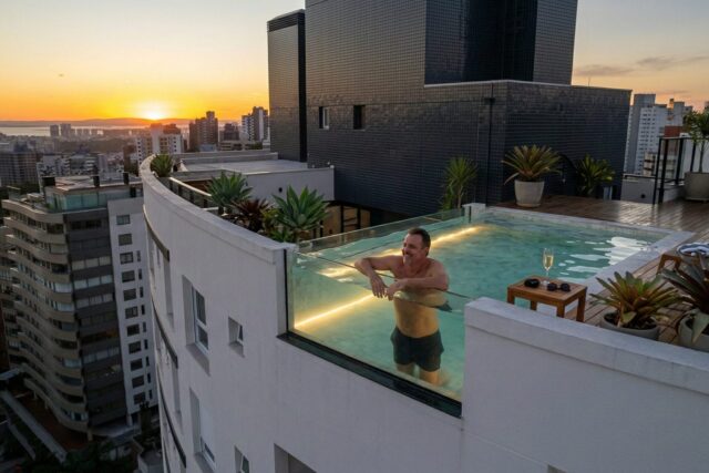 Homem relaxando em uma piscina de borda de vidro na cobertura de um edifício de alto padrão em Porto Alegre, com vista para o pôr do sol, skyline da cidade e o Guaíba ao fundo. - População Rica em Porto Alegre: Quem São e Onde Vivem?